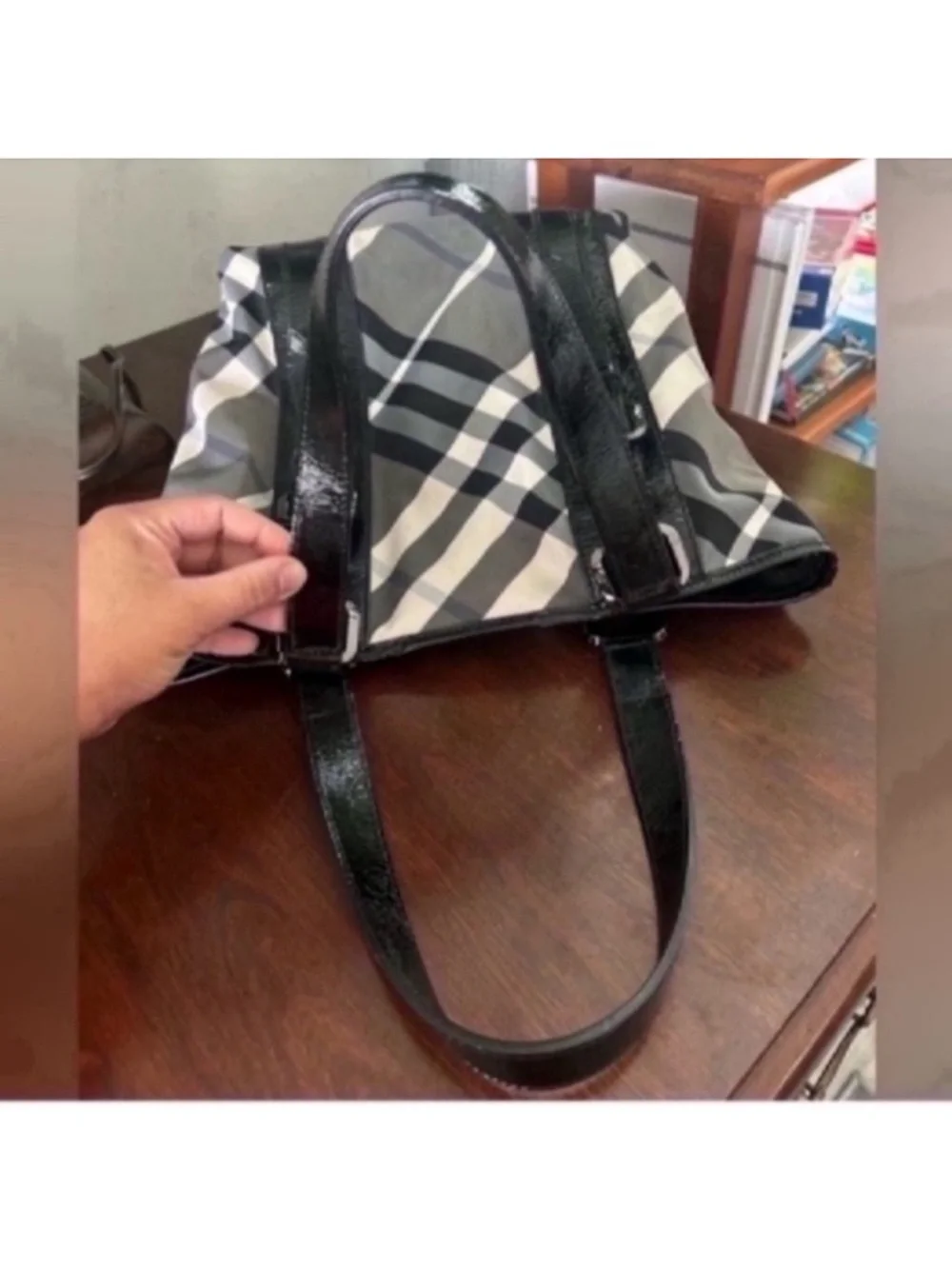 Burberry Black and Gray Plaid Messenger Tote with Patent Trim - Picture 5 of 13